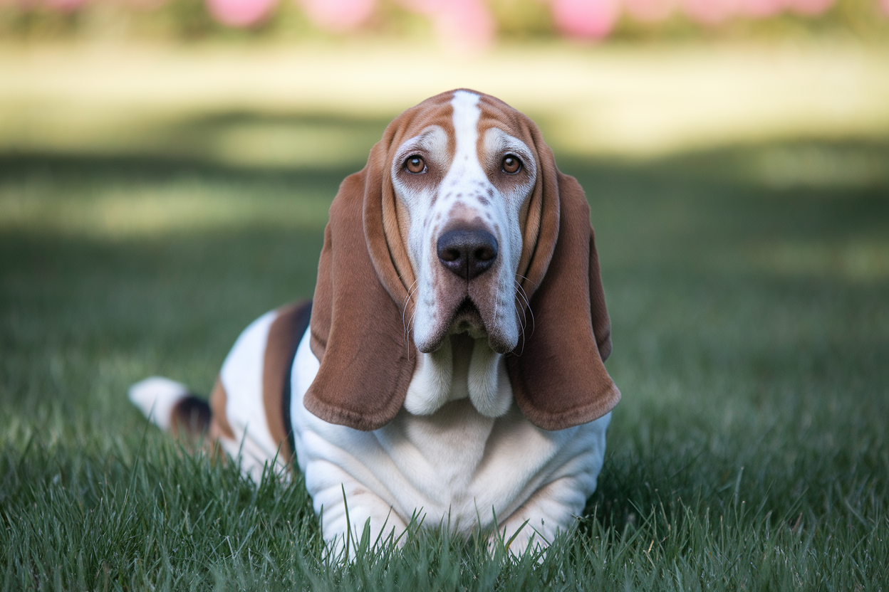 basset-hound-oreilles-longues-assis-herbe