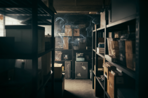 cave-obscur-fumee-boites-rayonnages