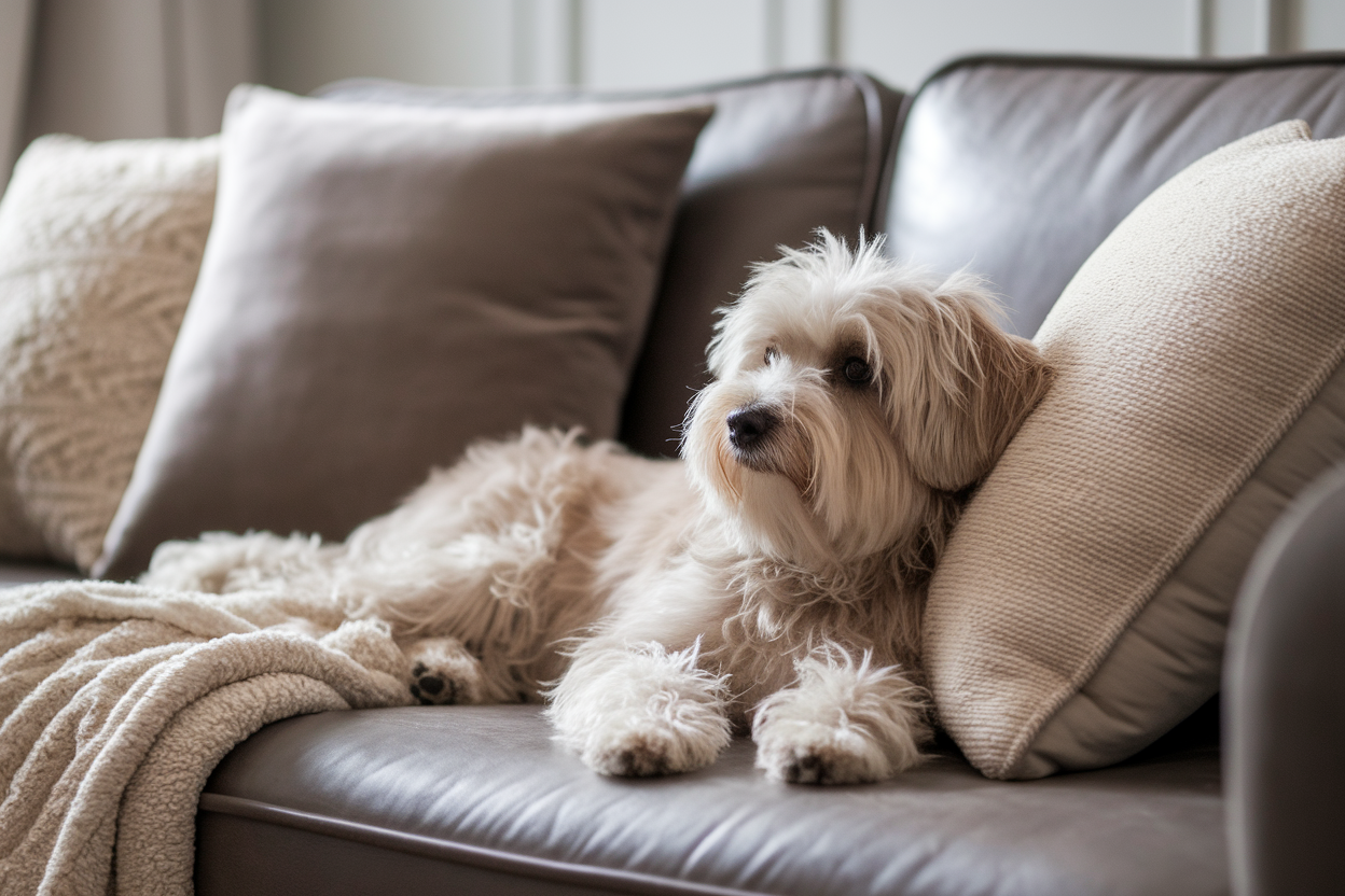 chien-duveteux-canape-oreillers-plaid