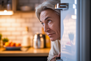 dos-refrigerateur-personne-mature-ecoute-cuisine