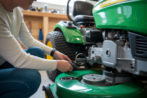 personne-agenouillee-tondeuse-courroie-garage